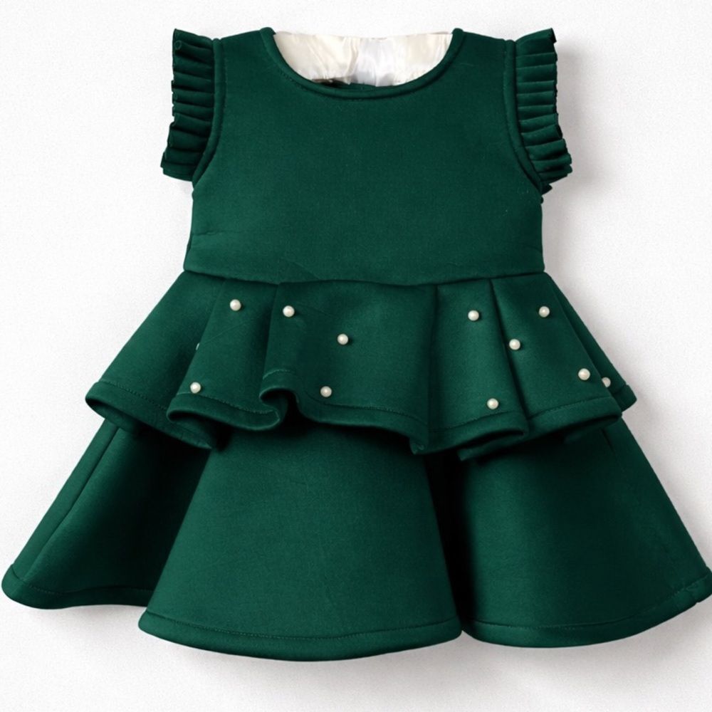 Eva Creation green scuba peplum pearl embellishment formal dress size 12-18 mos
